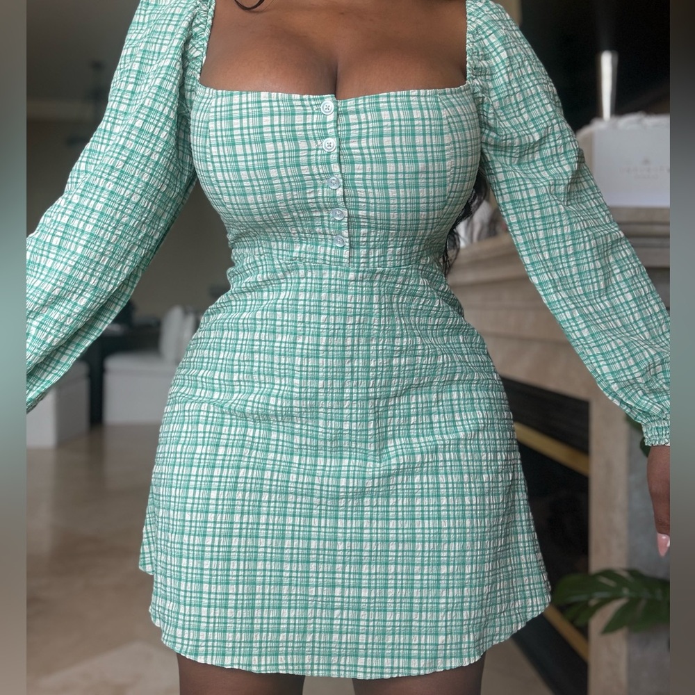 Urban Outfitters Green Long Puff Sleeve Mini Dress